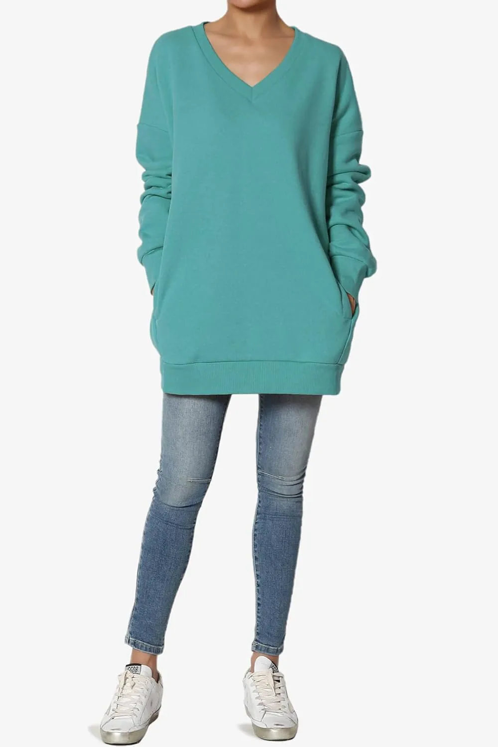 TheMogan Women's Casual Cozy Oversized V-Neck Pocket Fleece Pullover Sweatshirts
