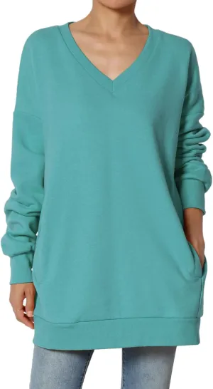 TheMogan Women's Casual Cozy Oversized V-Neck Pocket Fleece Pullover Sweatshirts