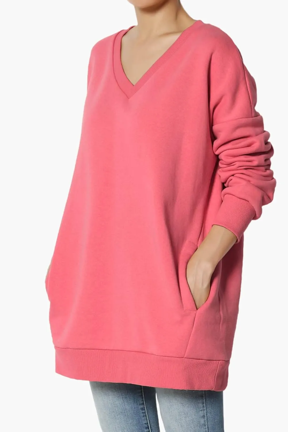 TheMogan Women's Casual Cozy Oversized V-Neck Pocket Fleece Pullover Sweatshirts