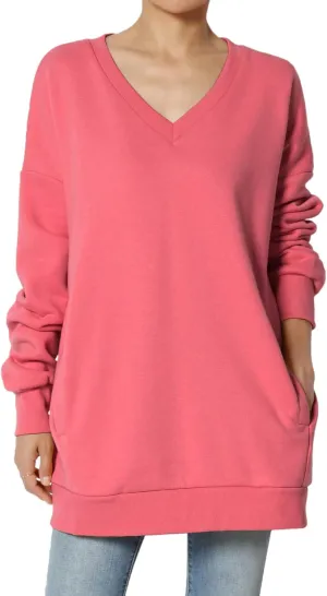 TheMogan Women's Casual Cozy Oversized V-Neck Pocket Fleece Pullover Sweatshirts