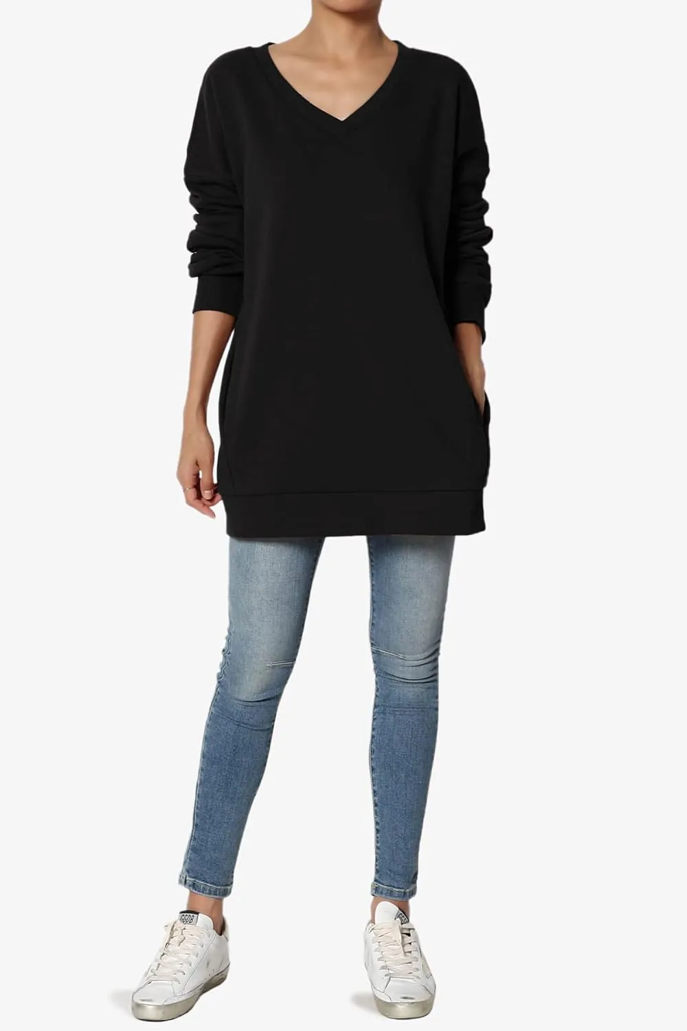 TheMogan Women's Casual Cozy Oversized V-Neck Pocket Fleece Pullover Sweatshirts