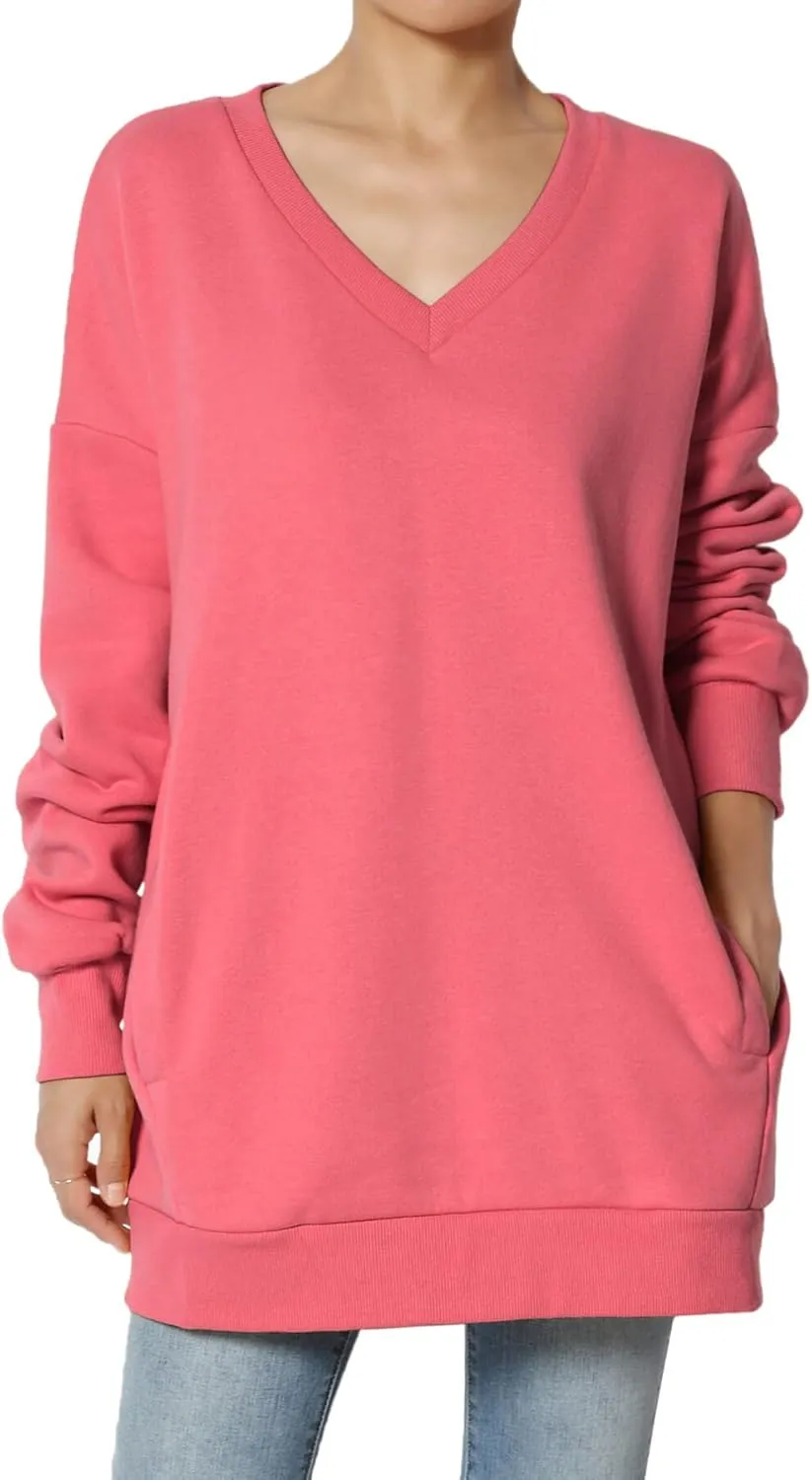 TheMogan Women's Casual Cozy Oversized V-Neck Pocket Fleece Pullover Sweatshirts