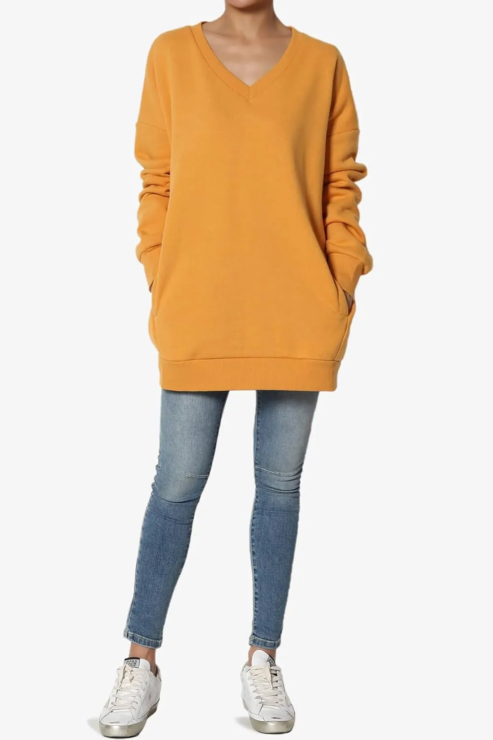 TheMogan Women's Casual Cozy Oversized V-Neck Pocket Fleece Pullover Sweatshirts