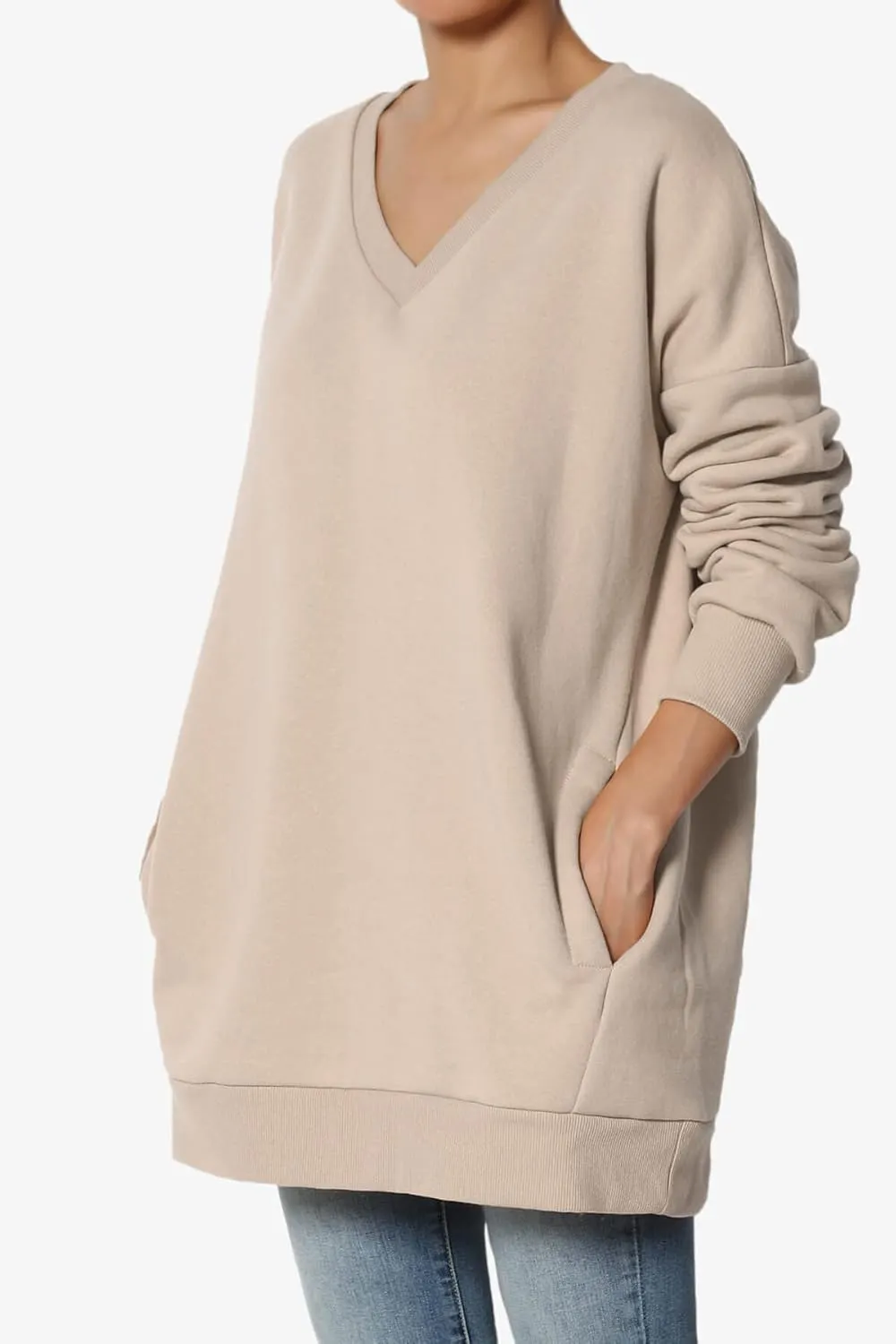 TheMogan Women's Casual Cozy Oversized V-Neck Pocket Fleece Pullover Sweatshirts