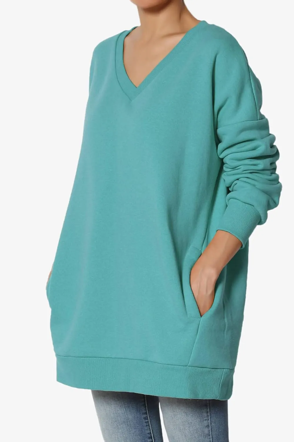 TheMogan Women's Casual Cozy Oversized V-Neck Pocket Fleece Pullover Sweatshirts