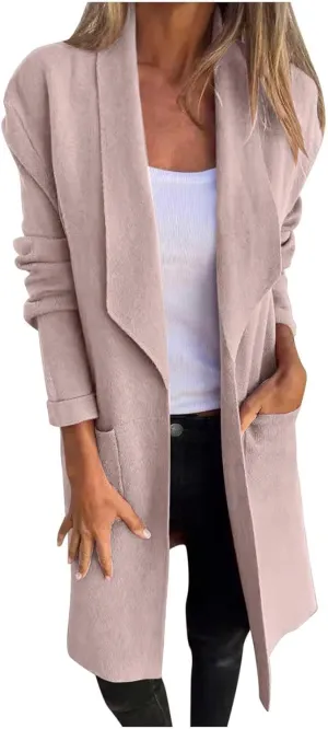 Trench Coat for Women 2024 Open Front Cardigan Lapel Pea Coat Wool Blend Long Coat Plus Size Winter Coat Casual Jackets