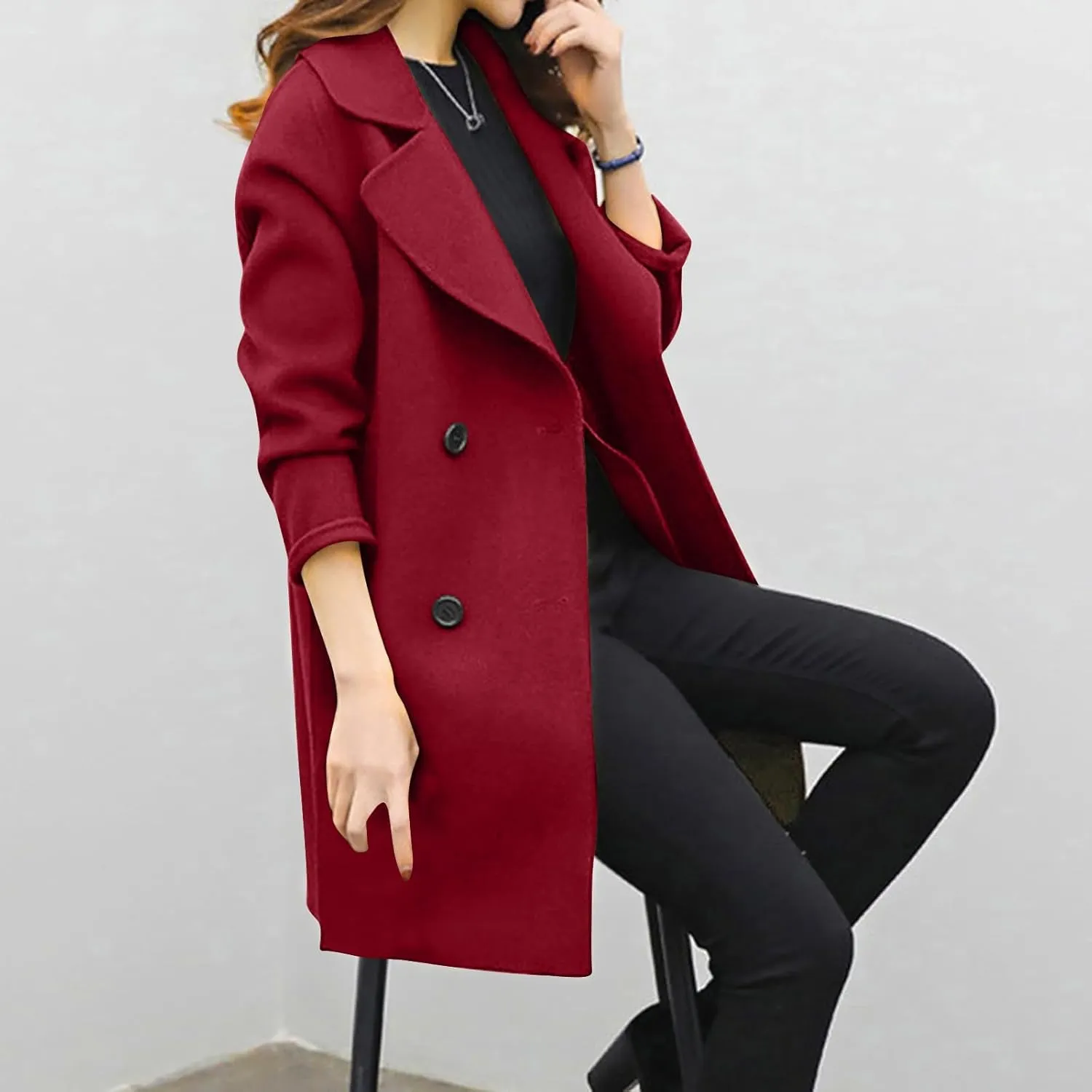 Trench Coat for Women 2024 Winter Warm Wool Blend Pea Coats Lapel Collar Double Breasted Over Coats Long Jackets