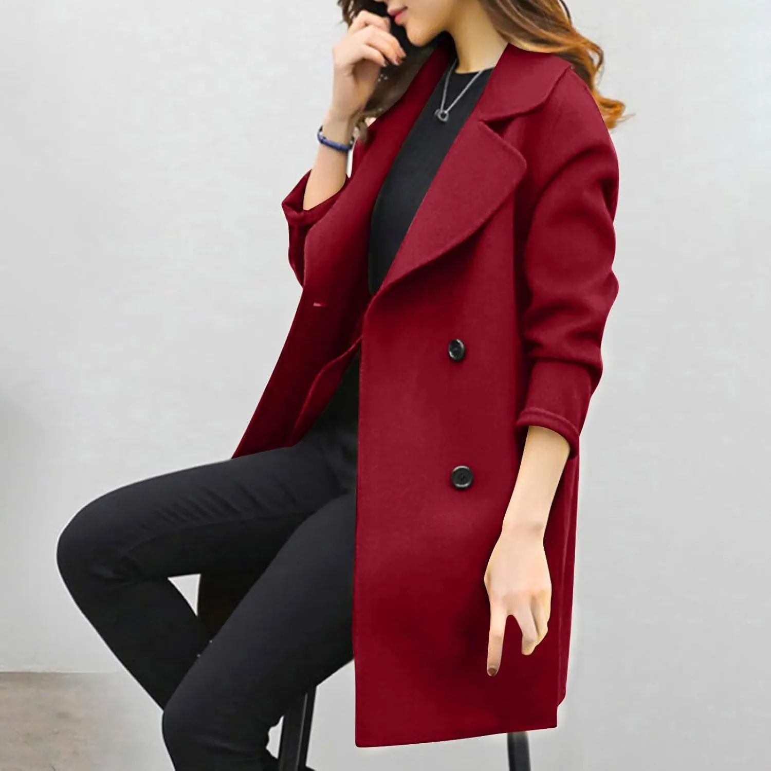 Trench Coat for Women 2024 Winter Warm Wool Blend Pea Coats Lapel Collar Double Breasted Over Coats Long Jackets