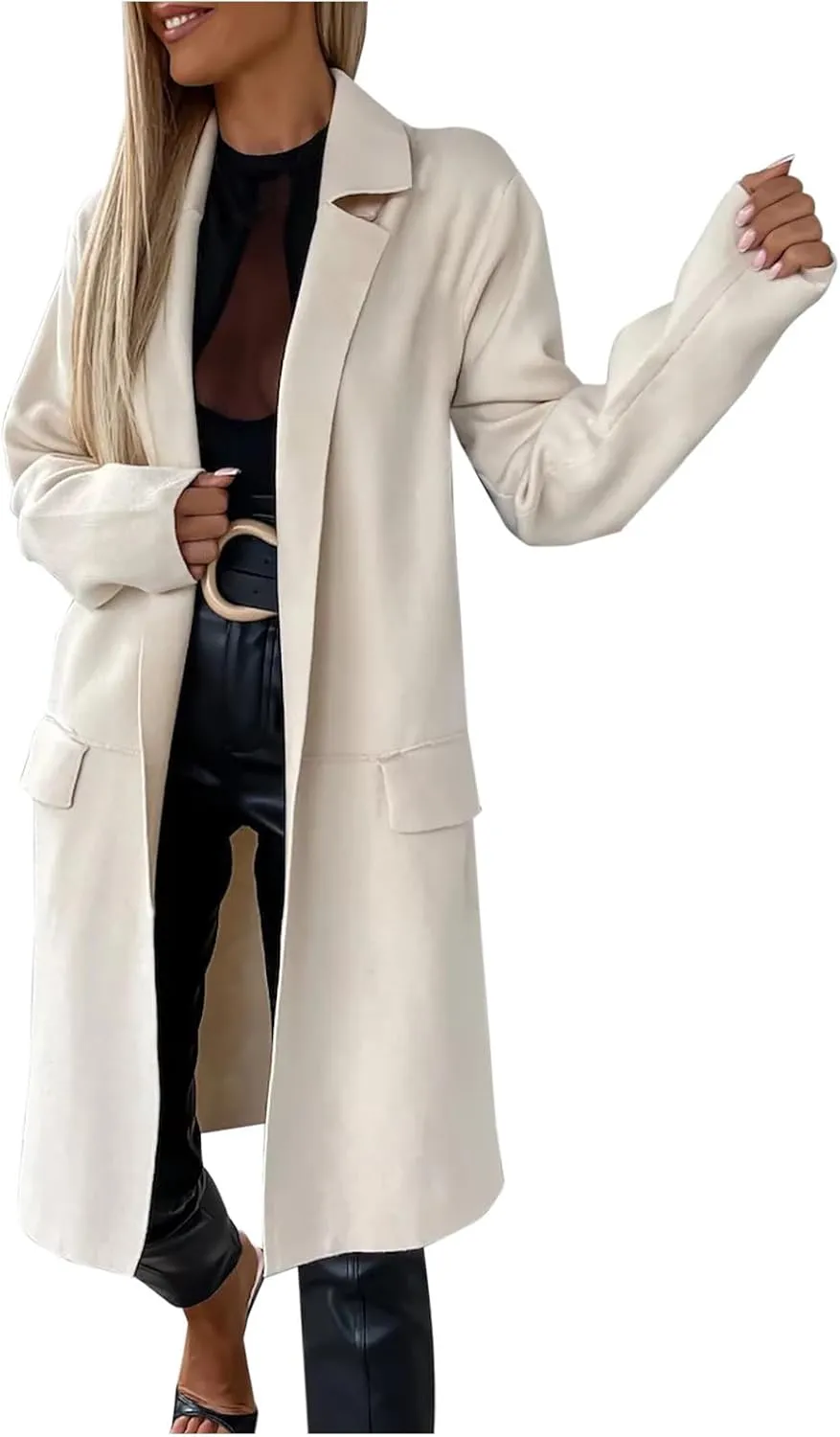Trench Coat for Women Trendy Open Front Wool Blend Peacoat Notched Lapel Long Jackets Casual Overcoat with Pockets