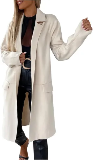 Trench Coat for Women Trendy Open Front Wool Blend Peacoat Notched Lapel Long Jackets Casual Overcoat with Pockets