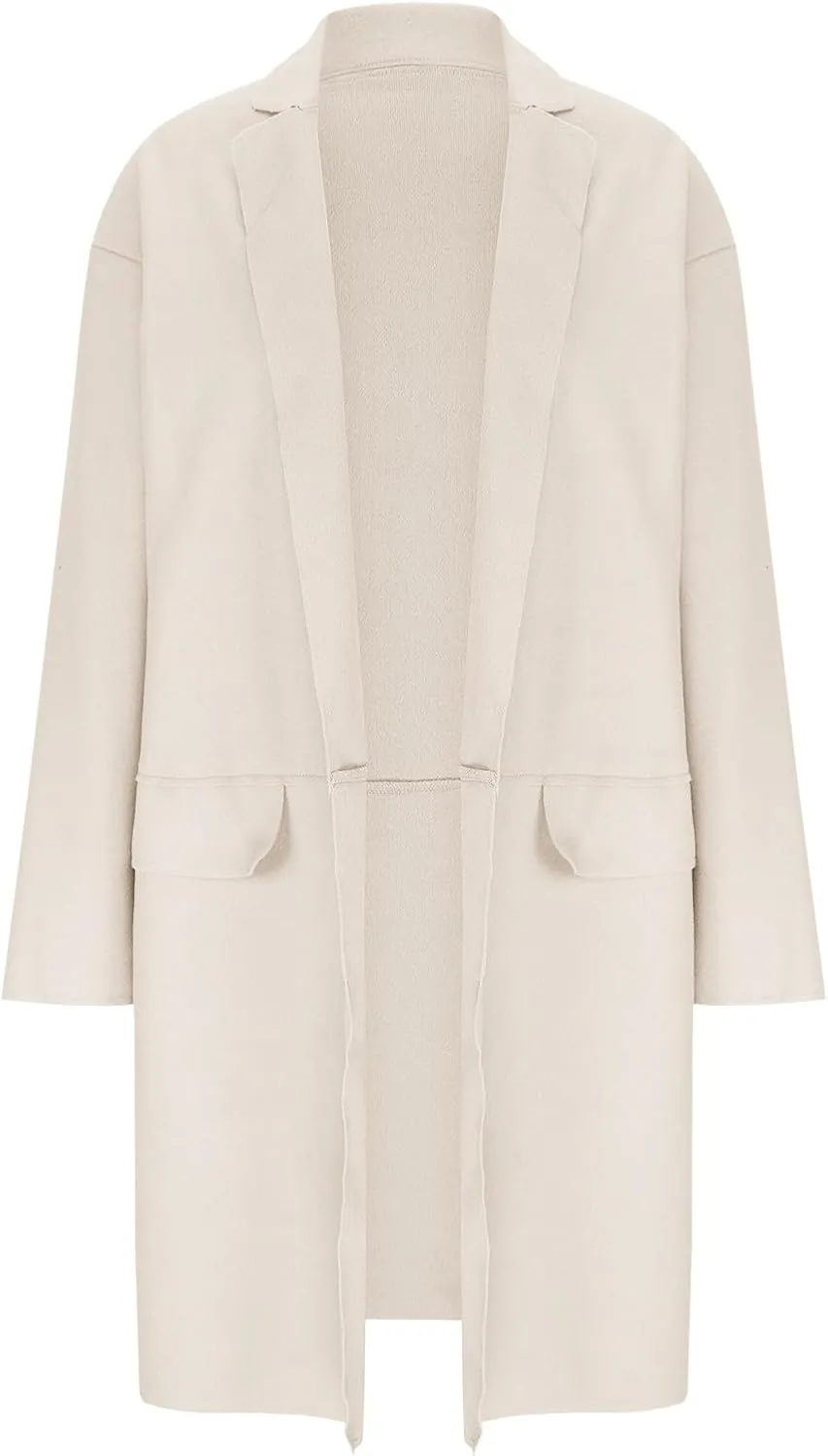 Trench Coat for Women Trendy Open Front Wool Blend Peacoat Notched Lapel Long Jackets Casual Overcoat with Pockets
