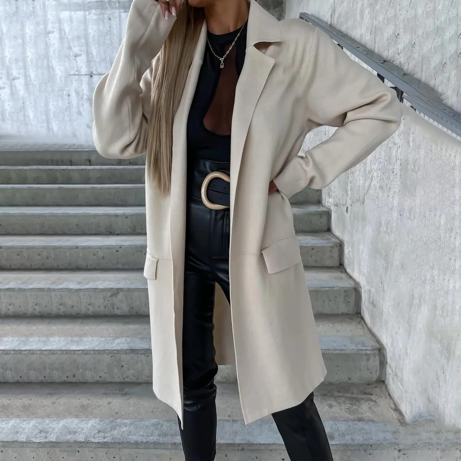 Trench Coat for Women Trendy Open Front Wool Blend Peacoat Notched Lapel Long Jackets Casual Overcoat with Pockets