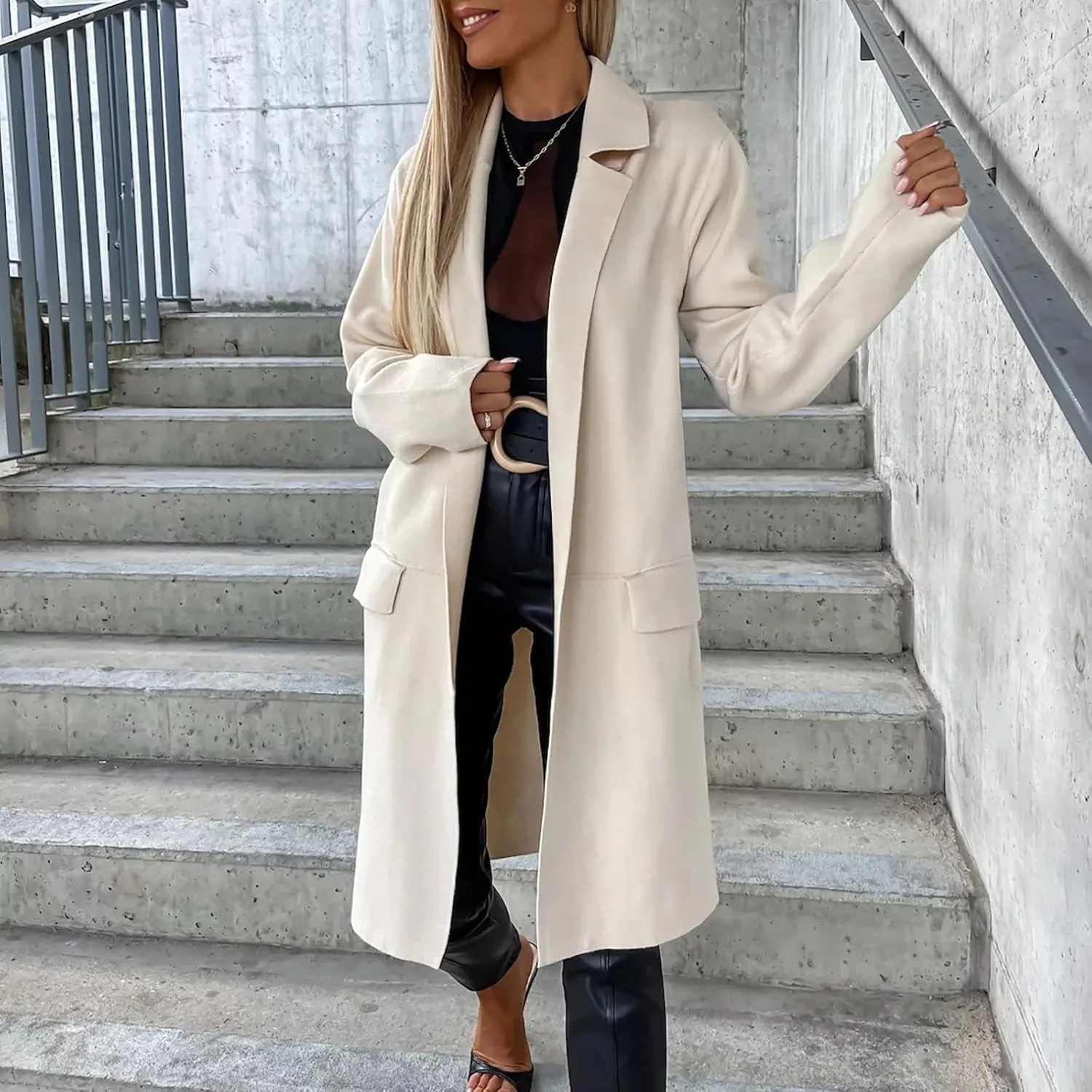 Trench Coat for Women Trendy Open Front Wool Blend Peacoat Notched Lapel Long Jackets Casual Overcoat with Pockets