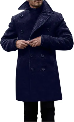 Trench Coat Men Business Trench Coat Mid Length Peacoat Notch Collar Jackets Button Down Open Front Cardigan