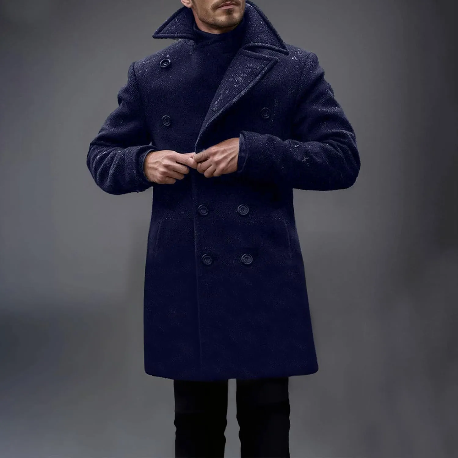 Trench Coat Men Business Trench Coat Mid Length Peacoat Notch Collar Jackets Button Down Open Front Cardigan