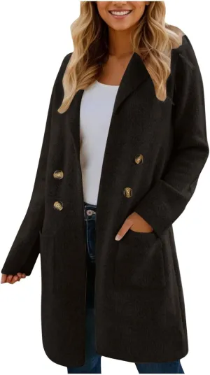 Trench Coat Women Mid Length Wool Coat Button Down Open Front Cardigan Elegant Coat Lapel Peacoat Fall Winter Jacket