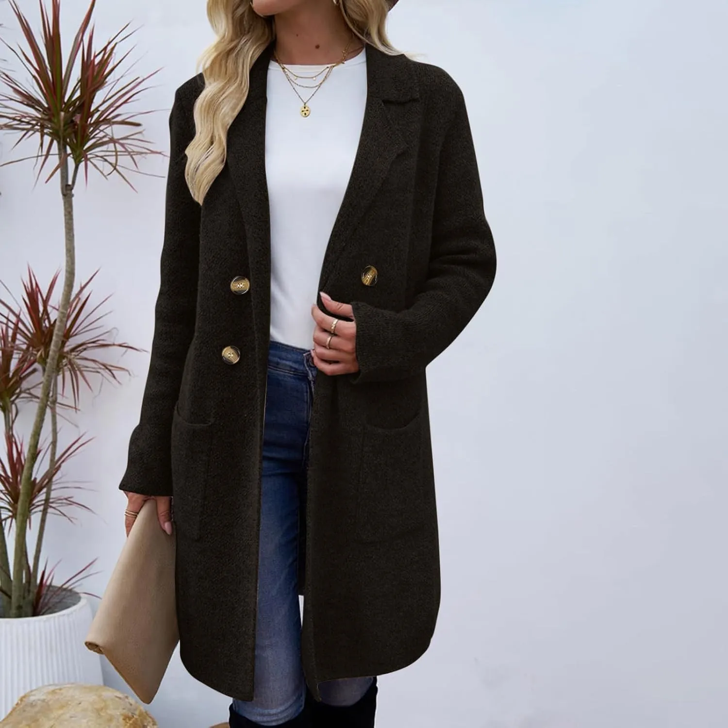 Trench Coat Women Mid Length Wool Coat Button Down Open Front Cardigan Elegant Coat Lapel Peacoat Fall Winter Jacket