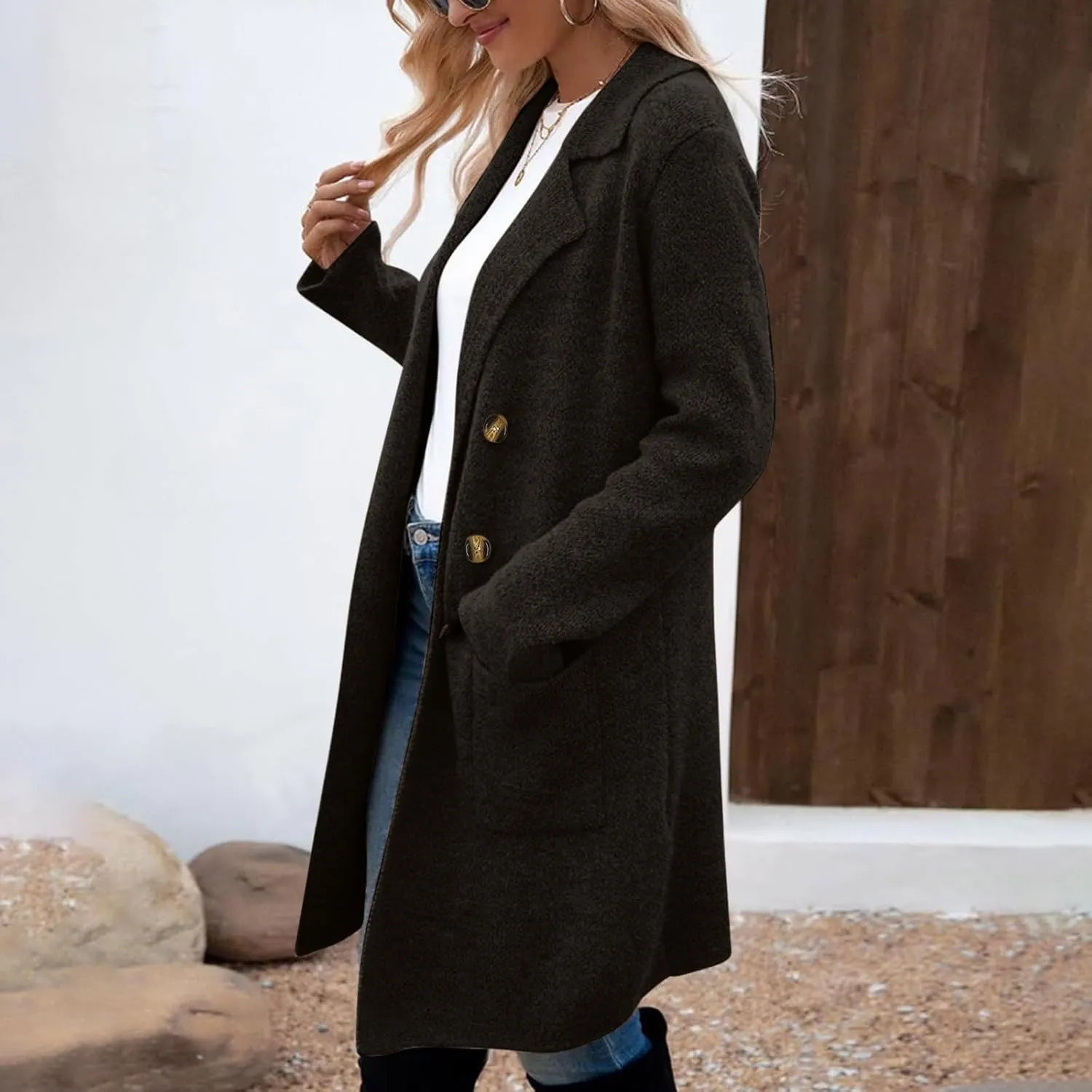 Trench Coat Women Mid Length Wool Coat Button Down Open Front Cardigan Elegant Coat Lapel Peacoat Fall Winter Jacket