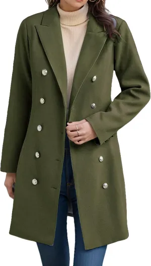 Trench Coat Women Notch Lapel Double Breasted Peacoat Winter Warm Mid Length Coat Wool Blend Cardigan Jackets Outwear