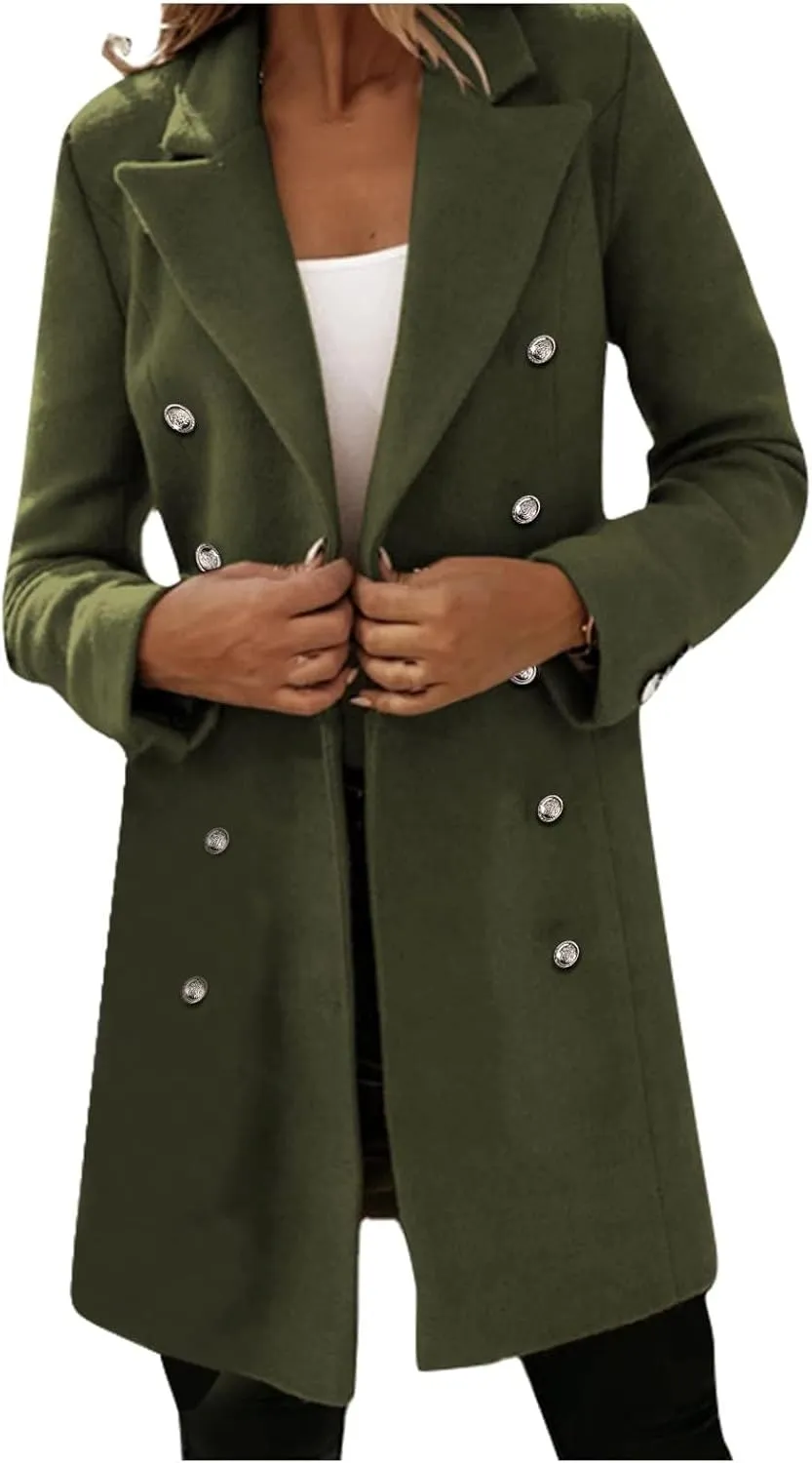 Trench Coat Women Notch Lapel Double Breasted Peacoat Winter Warm Mid Length Coat Wool Blend Cardigan Jackets Outwear
