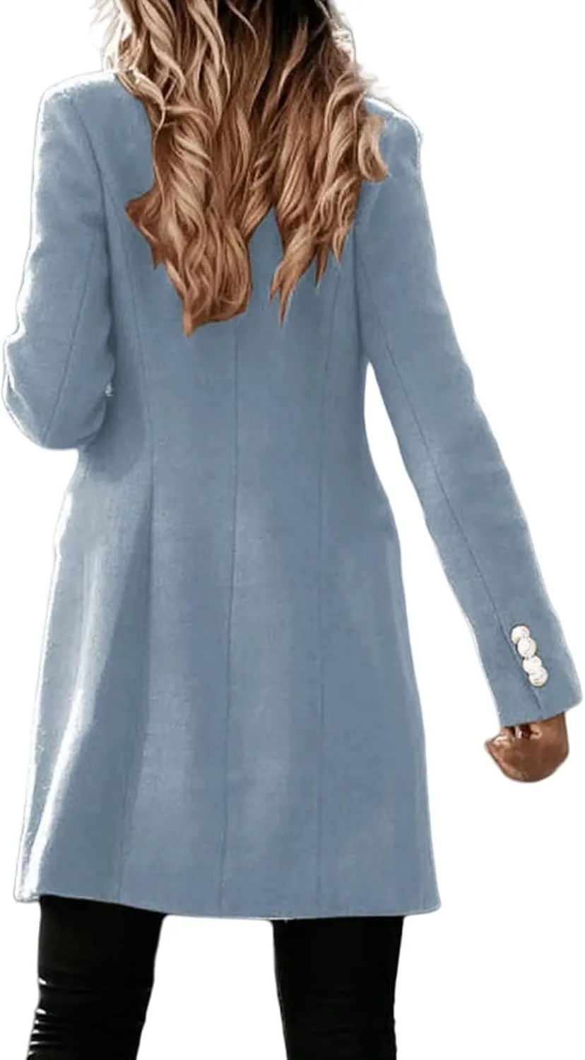 Trench Coat Women Notch Lapel Double Breasted Peacoat Winter Warm Mid Length Coat Wool Blend Cardigan Jackets Outwear