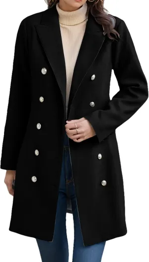 Trench Coat Women Notch Lapel Double Breasted Peacoat Winter Warm Mid Length Coat Wool Blend Cardigan Jackets Outwear