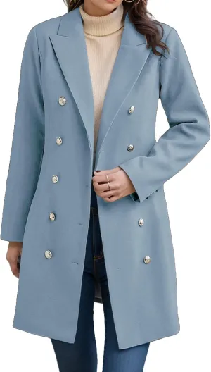 Trench Coat Women Notch Lapel Double Breasted Peacoat Winter Warm Mid Length Coat Wool Blend Cardigan Jackets Outwear