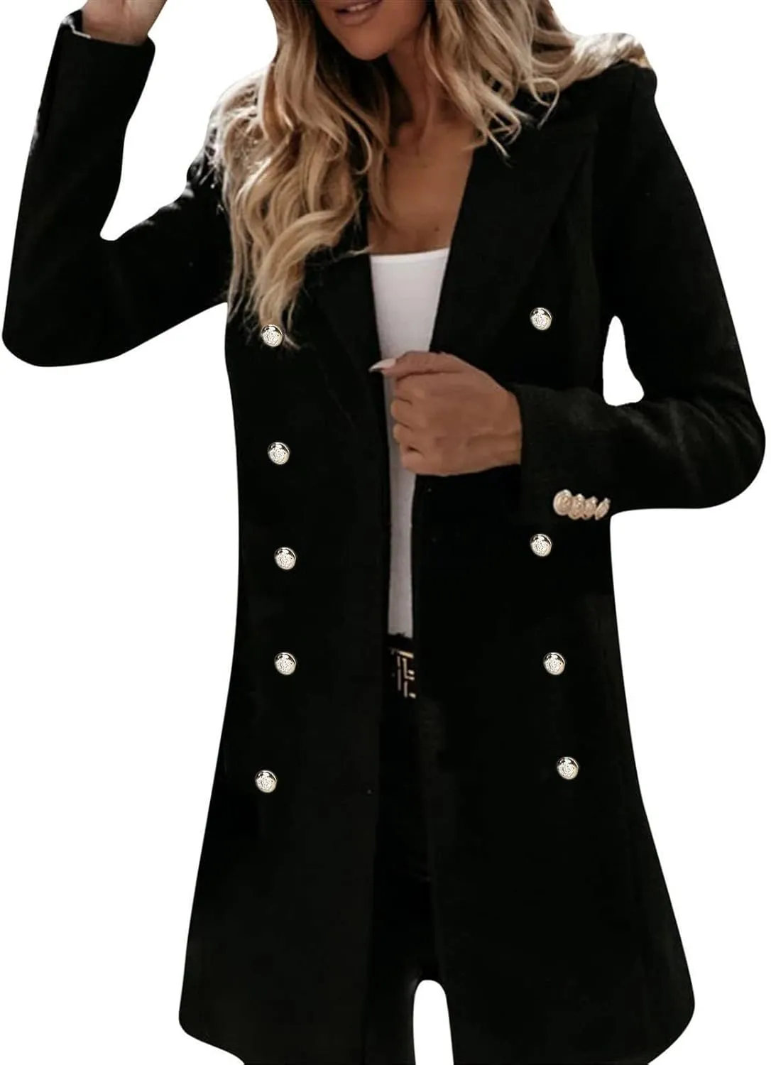 Trench Coat Women Notch Lapel Double Breasted Peacoat Winter Warm Mid Length Coat Wool Blend Cardigan Jackets Outwear