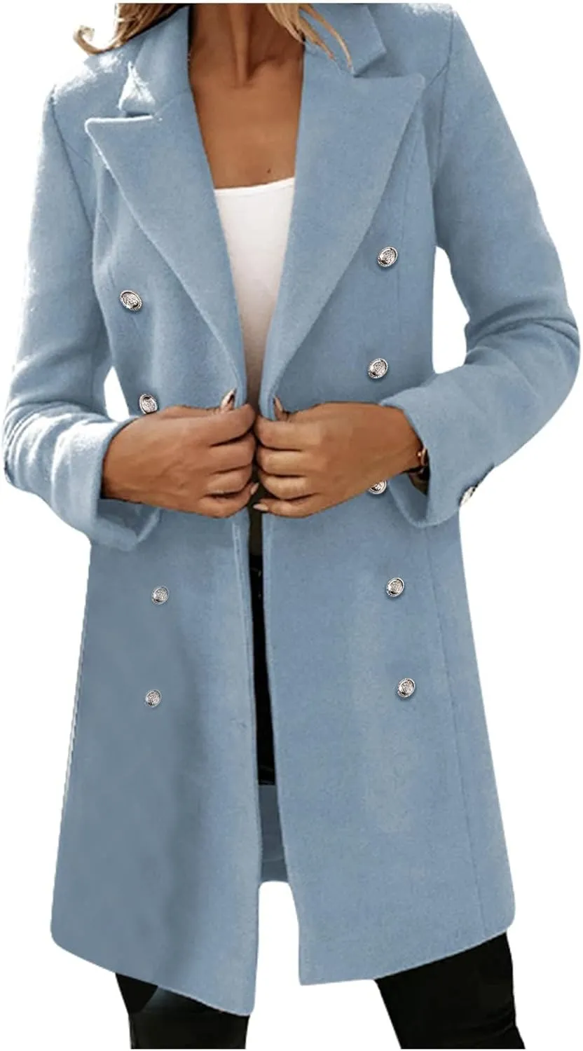 Trench Coat Women Notch Lapel Double Breasted Peacoat Winter Warm Mid Length Coat Wool Blend Cardigan Jackets Outwear