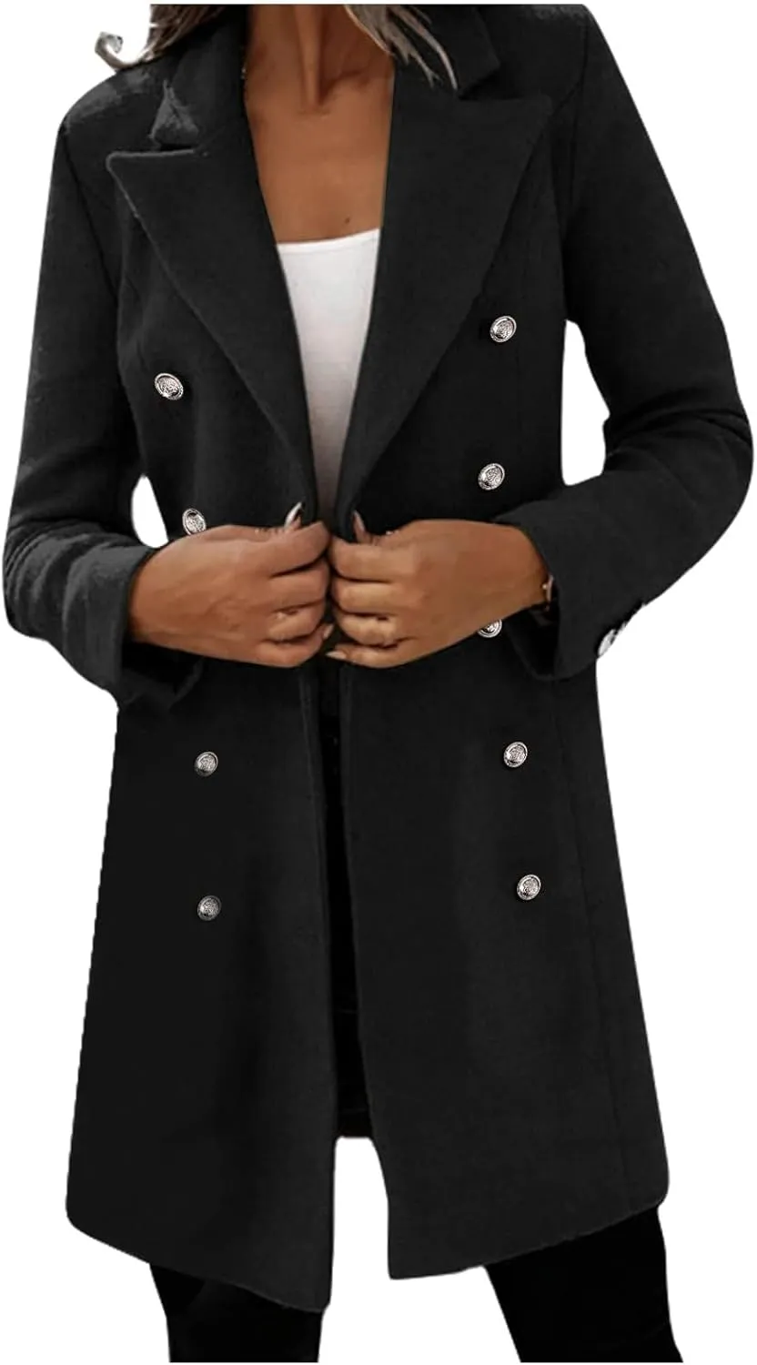 Trench Coat Women Notch Lapel Double Breasted Peacoat Winter Warm Mid Length Coat Wool Blend Cardigan Jackets Outwear