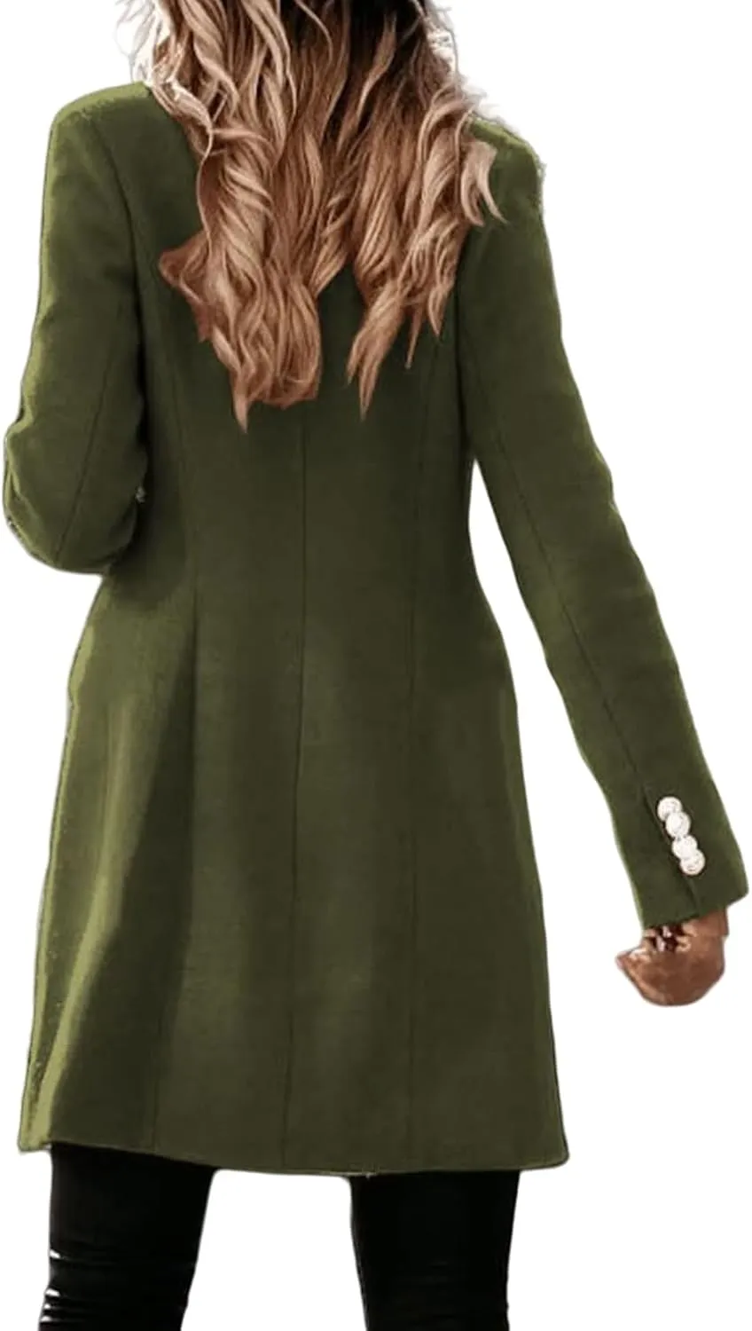 Trench Coat Women Notch Lapel Double Breasted Peacoat Winter Warm Mid Length Coat Wool Blend Cardigan Jackets Outwear