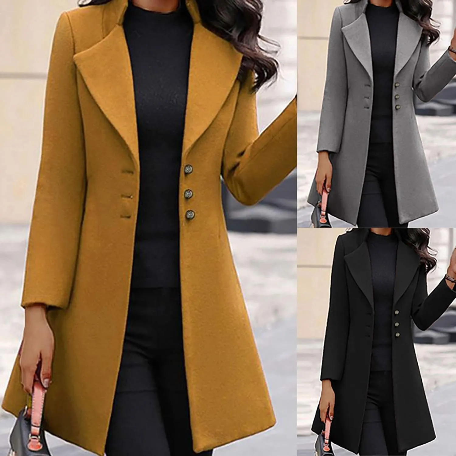 Trench Coat Women Winter Cashmere Wool Coat Elegant Single Breasted Work Office Pea Coats Long Sleeve Overcoat