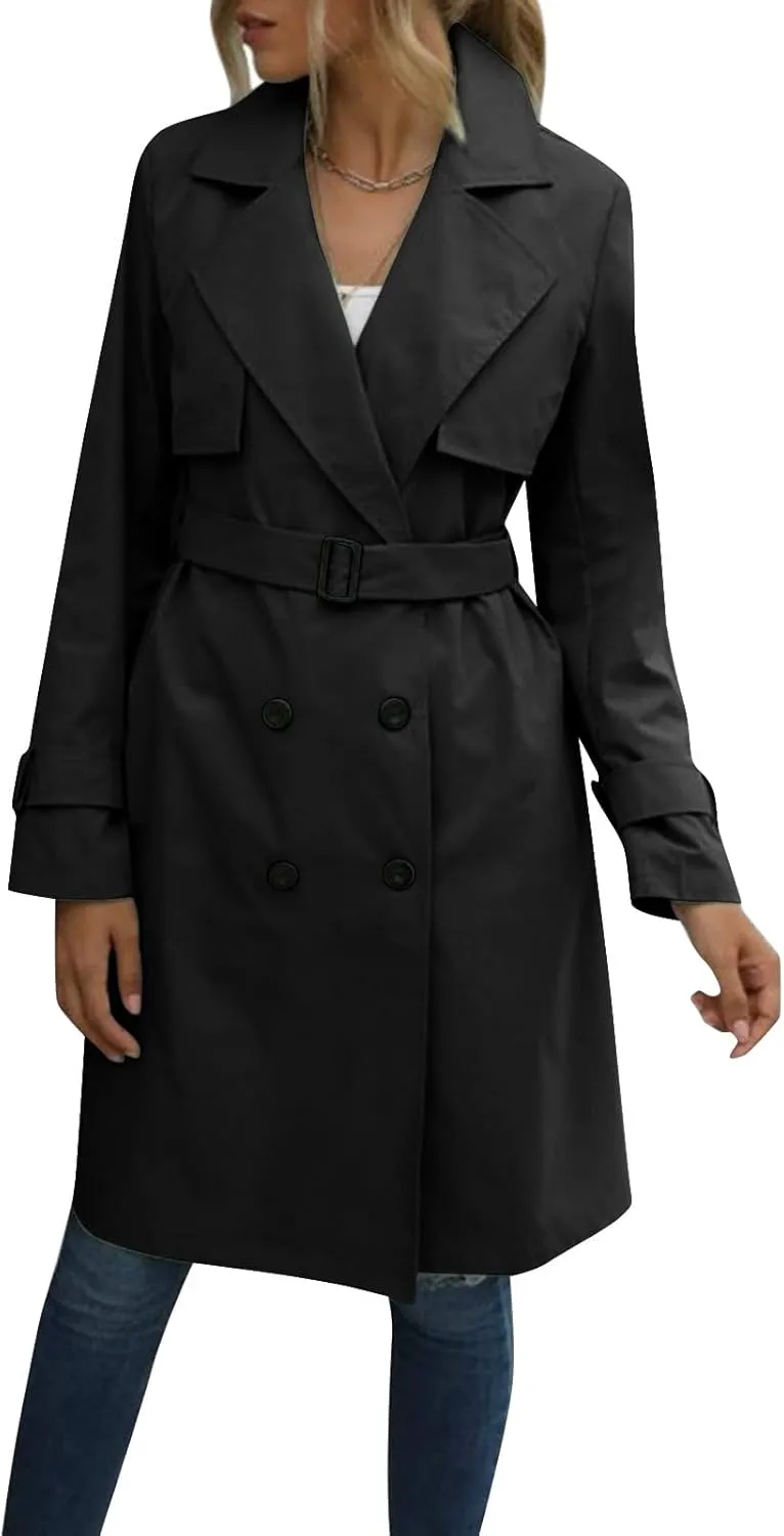 Trench Coat Women,2024 Classic Lapel Double Breasted Overcoat With Belted Elegant Trendy Mid-Length Fall Windbreaker