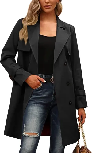 Trench Coat Women,2024 Classic Lapel Double Breasted Overcoat With Belted Elegant Trendy Mid-Length Fall Windbreaker