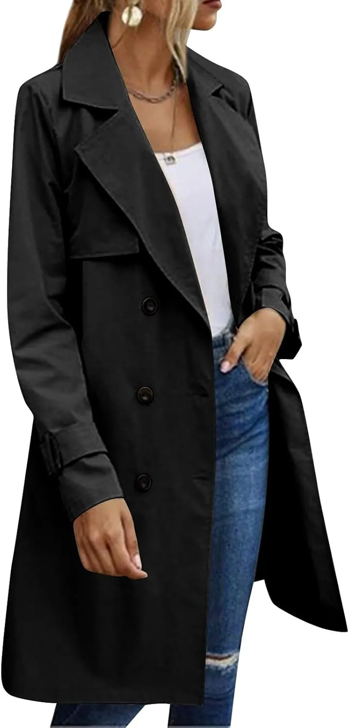 Trench Coat Women,2024 Classic Lapel Double Breasted Overcoat With Belted Elegant Trendy Mid-Length Fall Windbreaker