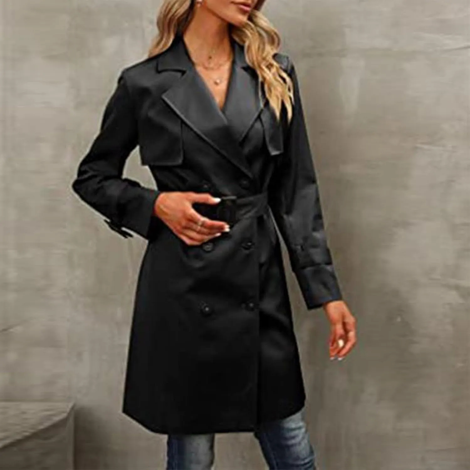 Trench Coat Women,2024 Classic Lapel Double Breasted Overcoat With Belted Elegant Trendy Mid-Length Fall Windbreaker