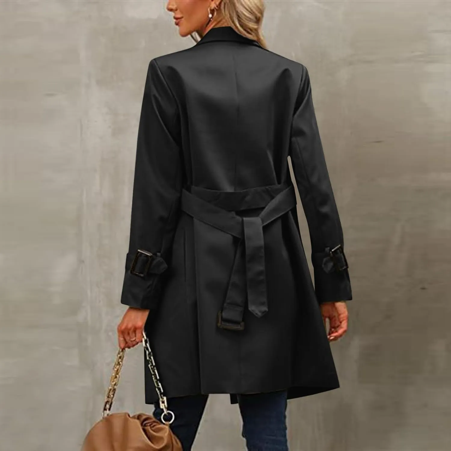 Trench Coat Women,2024 Classic Lapel Double Breasted Overcoat With Belted Elegant Trendy Mid-Length Fall Windbreaker