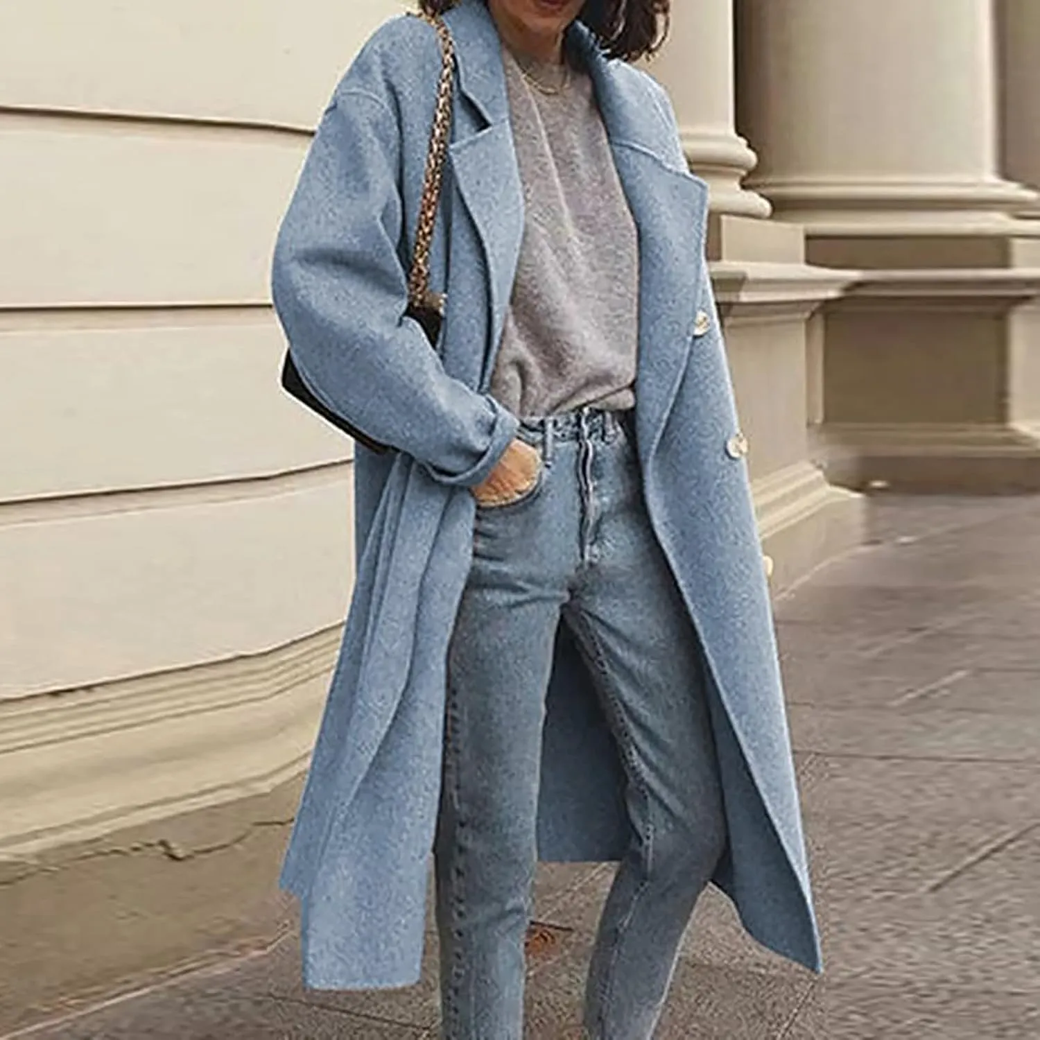 Trench Coats for Women Winter Wool Blend Camel Mid-Long Coat Double-Breasted Notch Lapel Collared Jackets Outwear