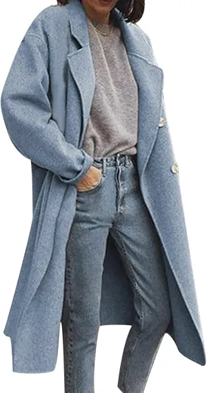 Trench Coats for Women Winter Wool Blend Camel Mid-Long Coat Double-Breasted Notch Lapel Collared Jackets Outwear