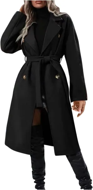 Trench Coats Womens, Long Double Breasted Knitted Outerwear Classic Lapel Overcoats Windproof Jacket with Belt