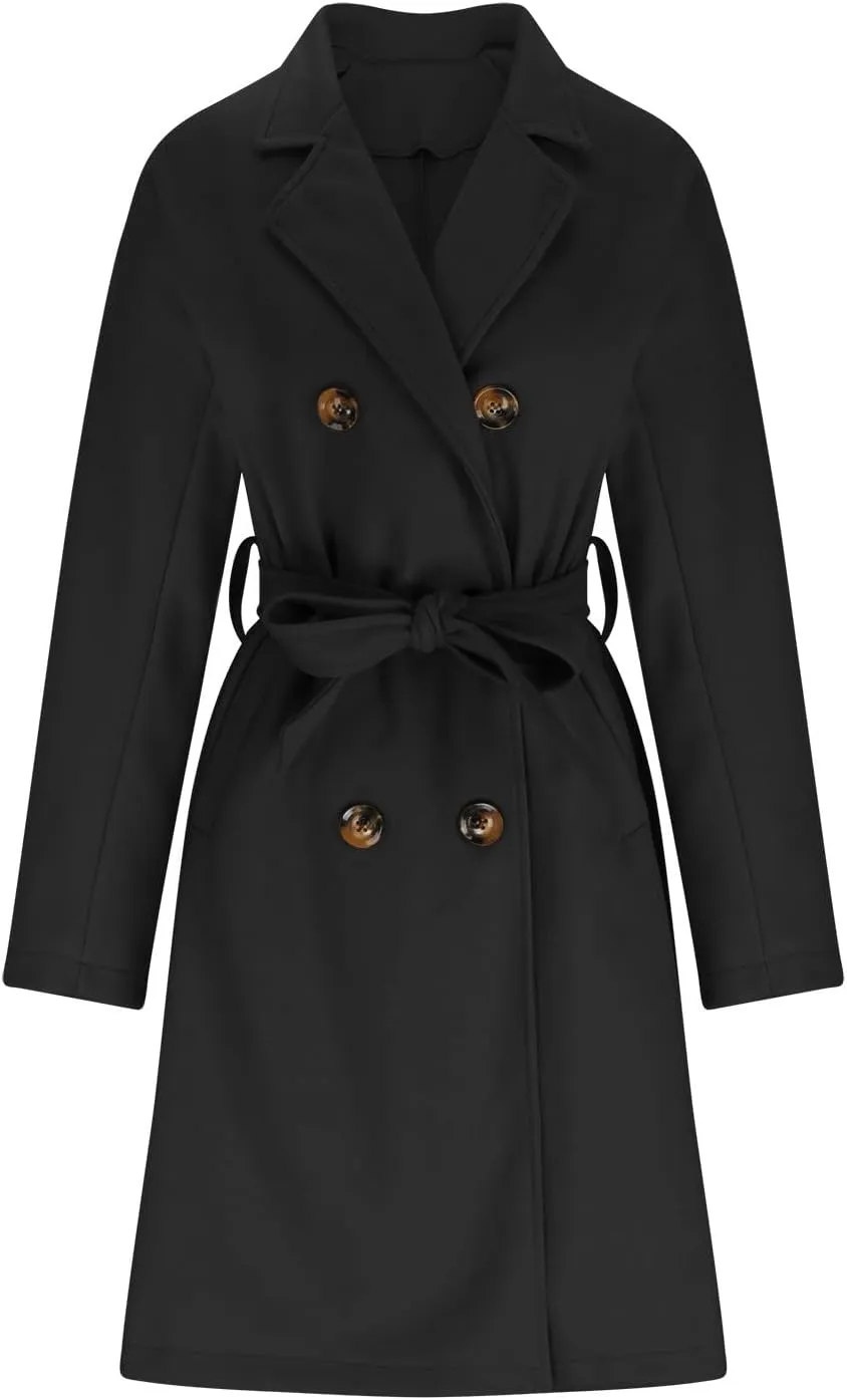 Trench Coats Womens, Long Double Breasted Knitted Outerwear Classic Lapel Overcoats Windproof Jacket with Belt