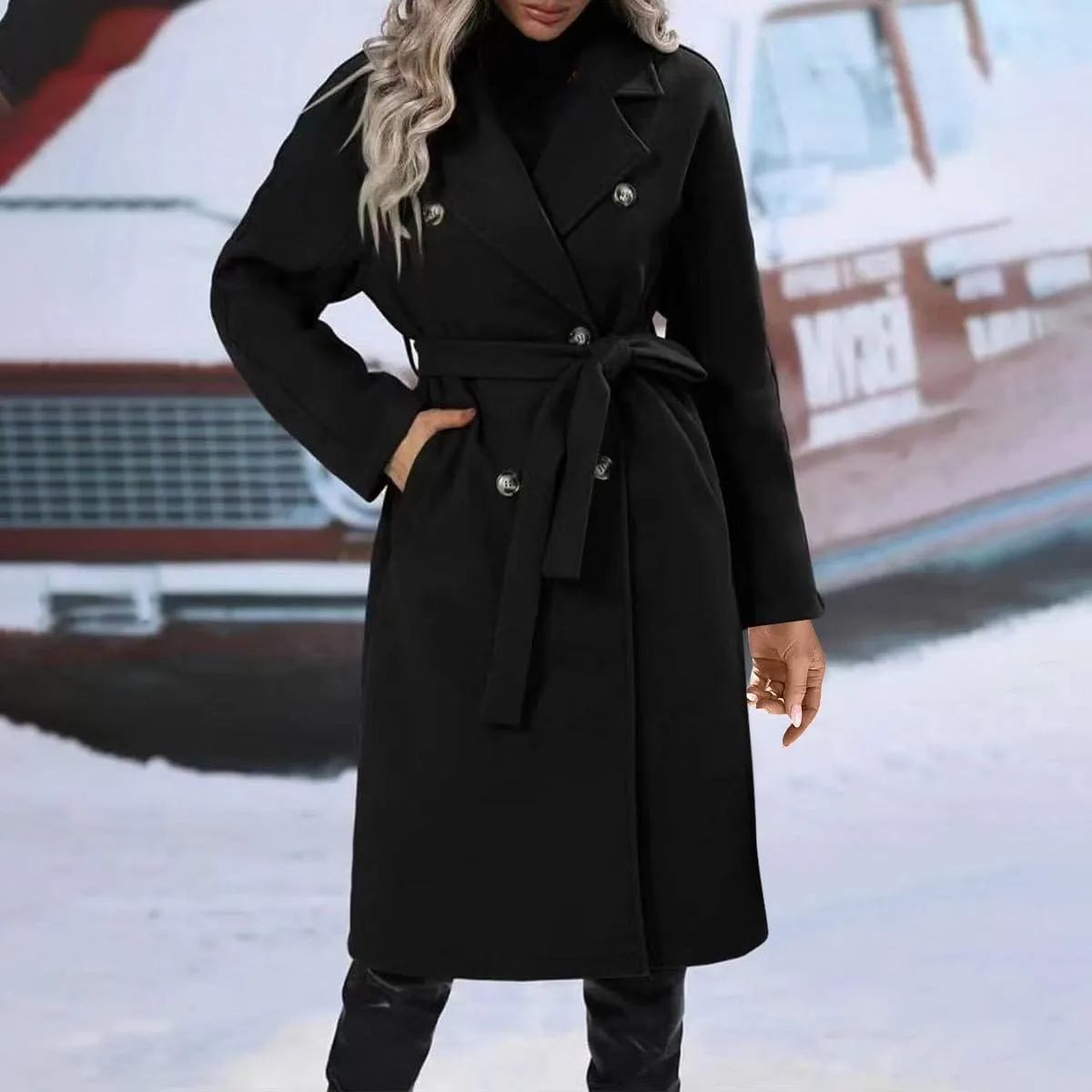 Trench Coats Womens, Long Double Breasted Knitted Outerwear Classic Lapel Overcoats Windproof Jacket with Belt