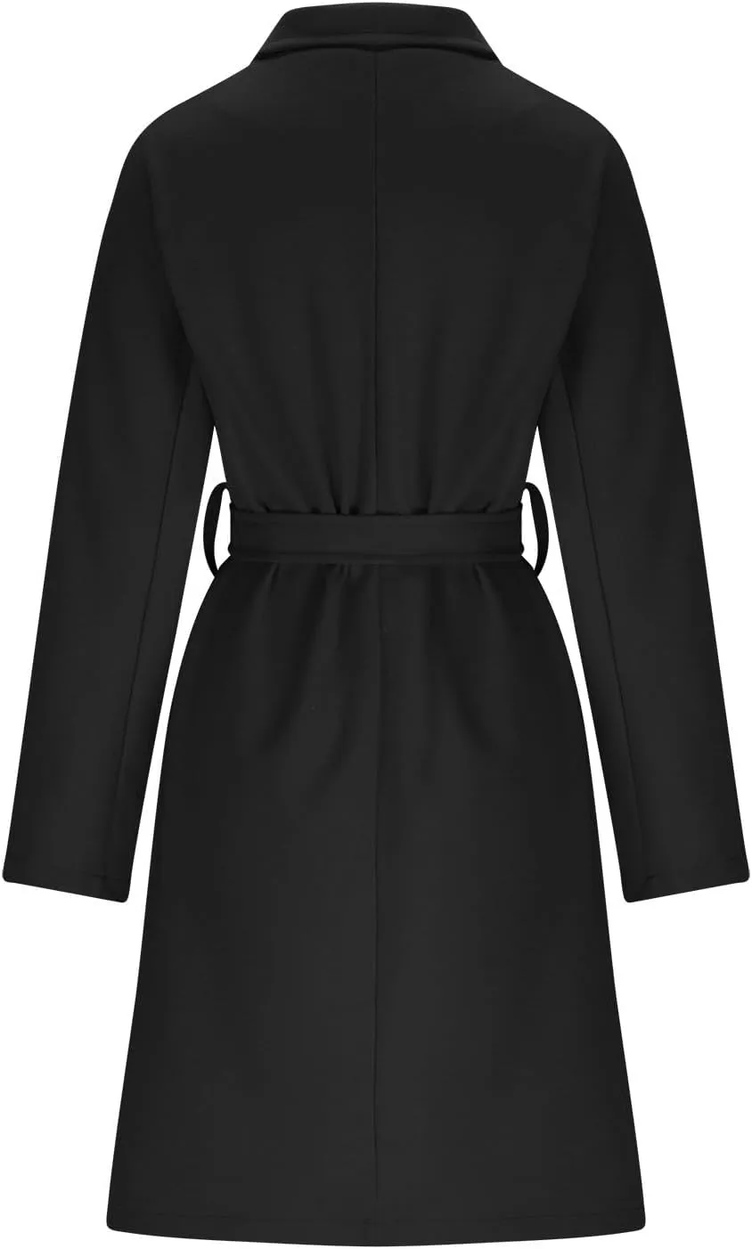 Trench Coats Womens, Long Double Breasted Knitted Outerwear Classic Lapel Overcoats Windproof Jacket with Belt