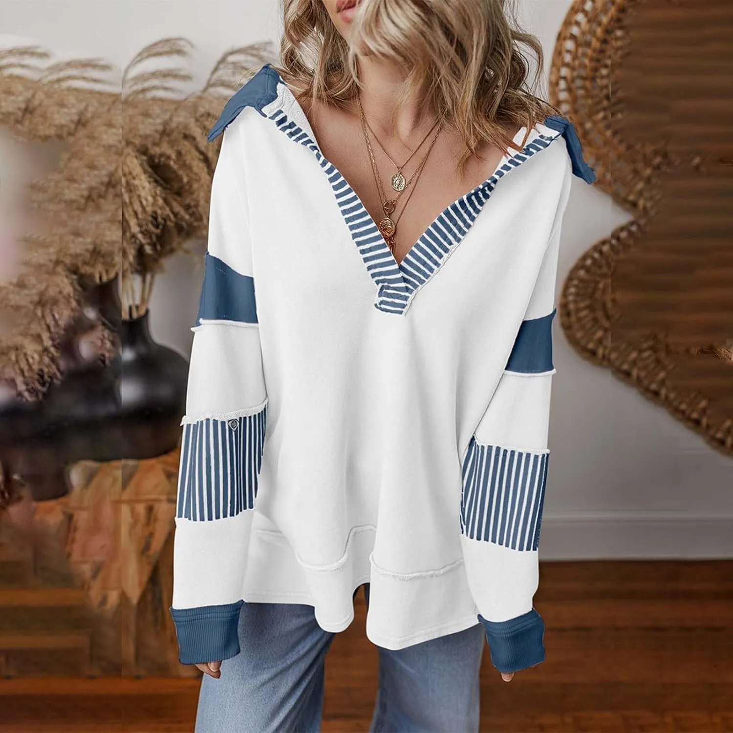 Trendy Sweatshirts for Women Lapel Deep V Neck Long Sleeve Color Patchwork Pullover Hoodies Fall Streetwear Work Tops