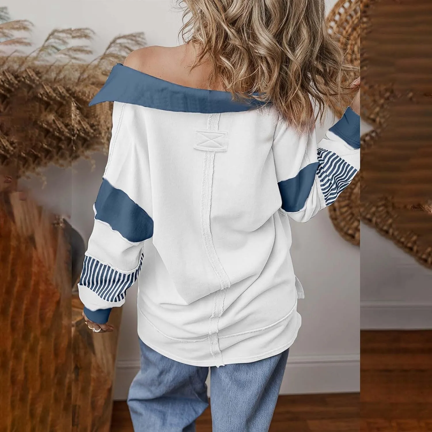 Trendy Sweatshirts for Women Lapel Deep V Neck Long Sleeve Color Patchwork Pullover Hoodies Fall Streetwear Work Tops