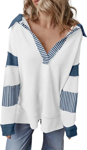 Trendy Sweatshirts for Women Lapel Deep V Neck Long Sleeve Color Patchwork Pullover Hoodies Fall Streetwear Work Tops