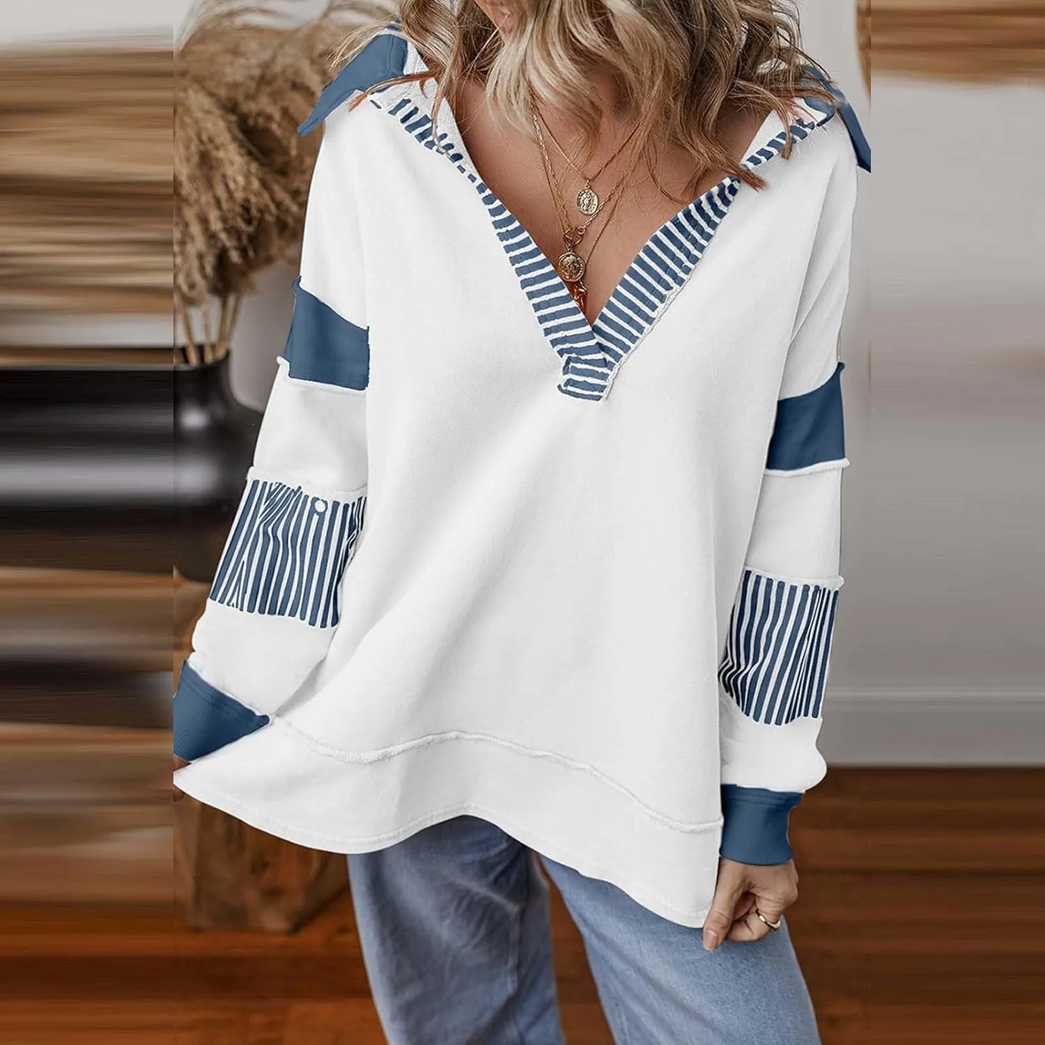 Trendy Sweatshirts for Women Lapel Deep V Neck Long Sleeve Color Patchwork Pullover Hoodies Fall Streetwear Work Tops