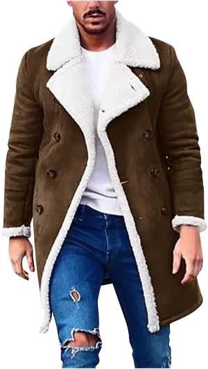 tuduoms Sherpa Black Leather Coat Men's Lapel Fleece Lined Leather Jacket Winter Warm Long Trench Coat Motorbike Bomber Coat