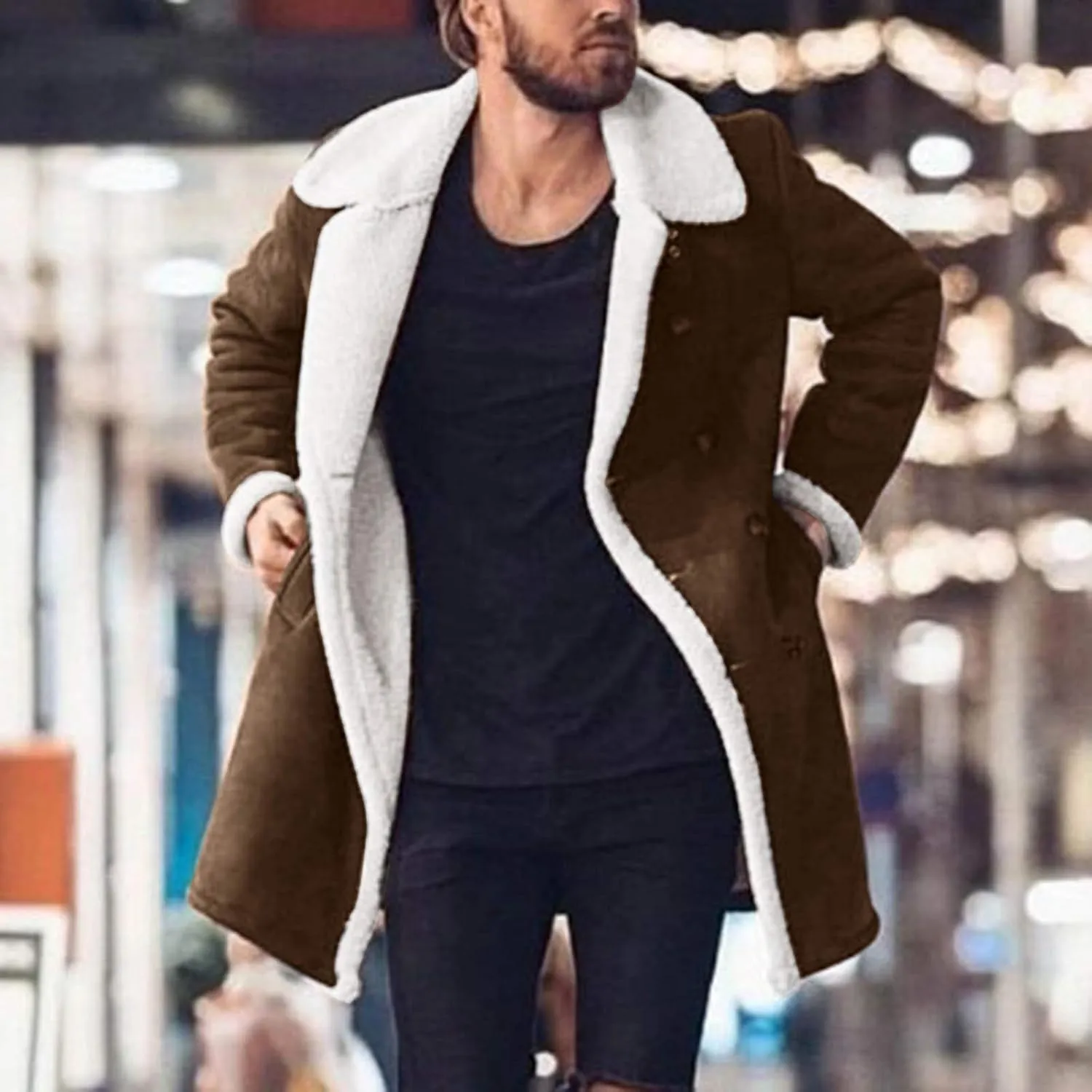 tuduoms Sherpa Black Leather Coat Men's Lapel Fleece Lined Leather Jacket Winter Warm Long Trench Coat Motorbike Bomber Coat