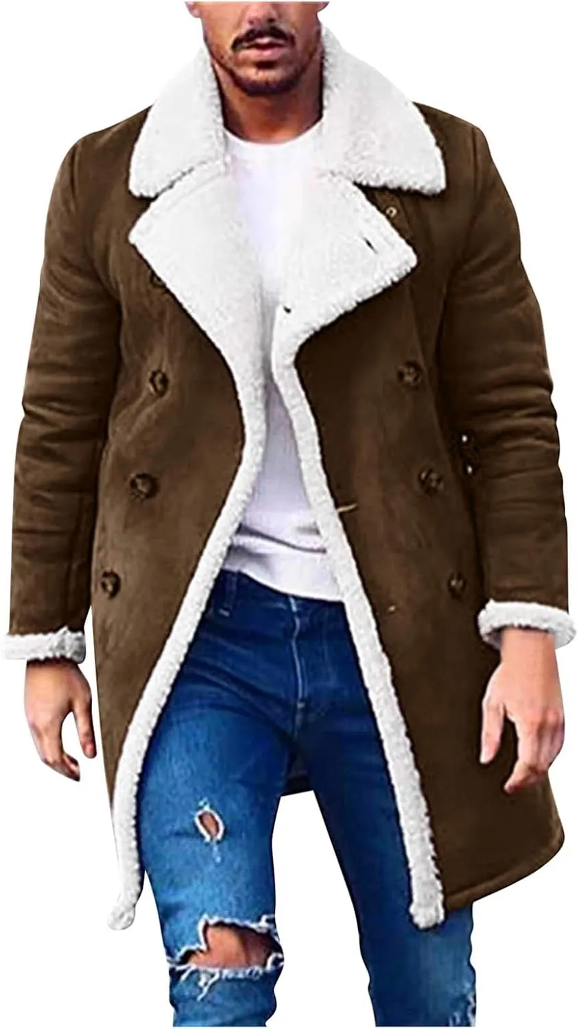 tuduoms Sherpa Black Leather Coat Men's Lapel Fleece Lined Leather Jacket Winter Warm Long Trench Coat Motorbike Bomber Coat